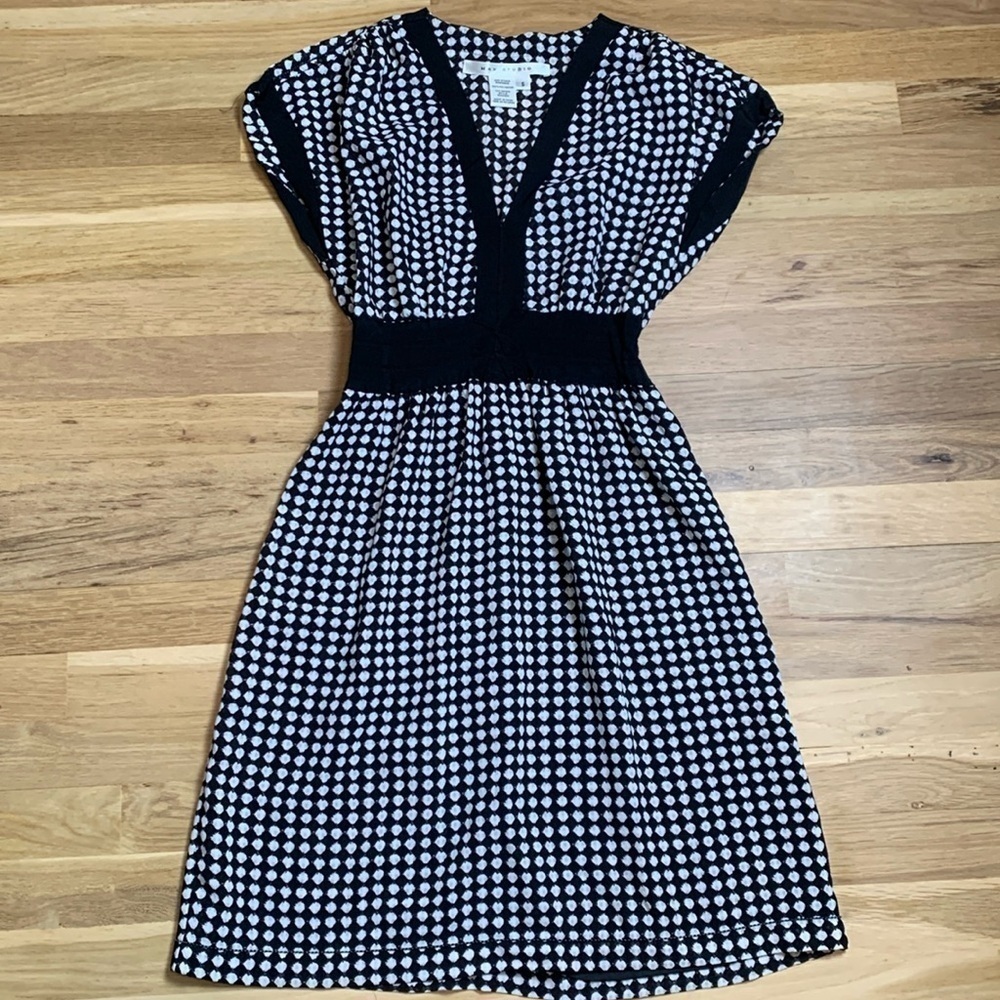 Max Studio Short Sleeve Drop Shoulder V-Neck Polka Dot Dress Women’s S